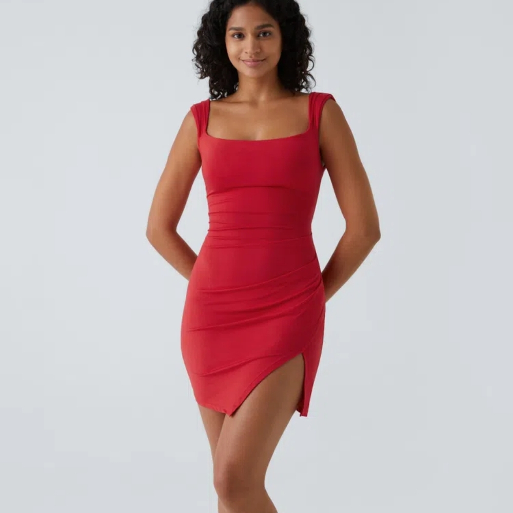Ruched Backless Tie Back Split Hem Bodycon Mini Casual Dress
